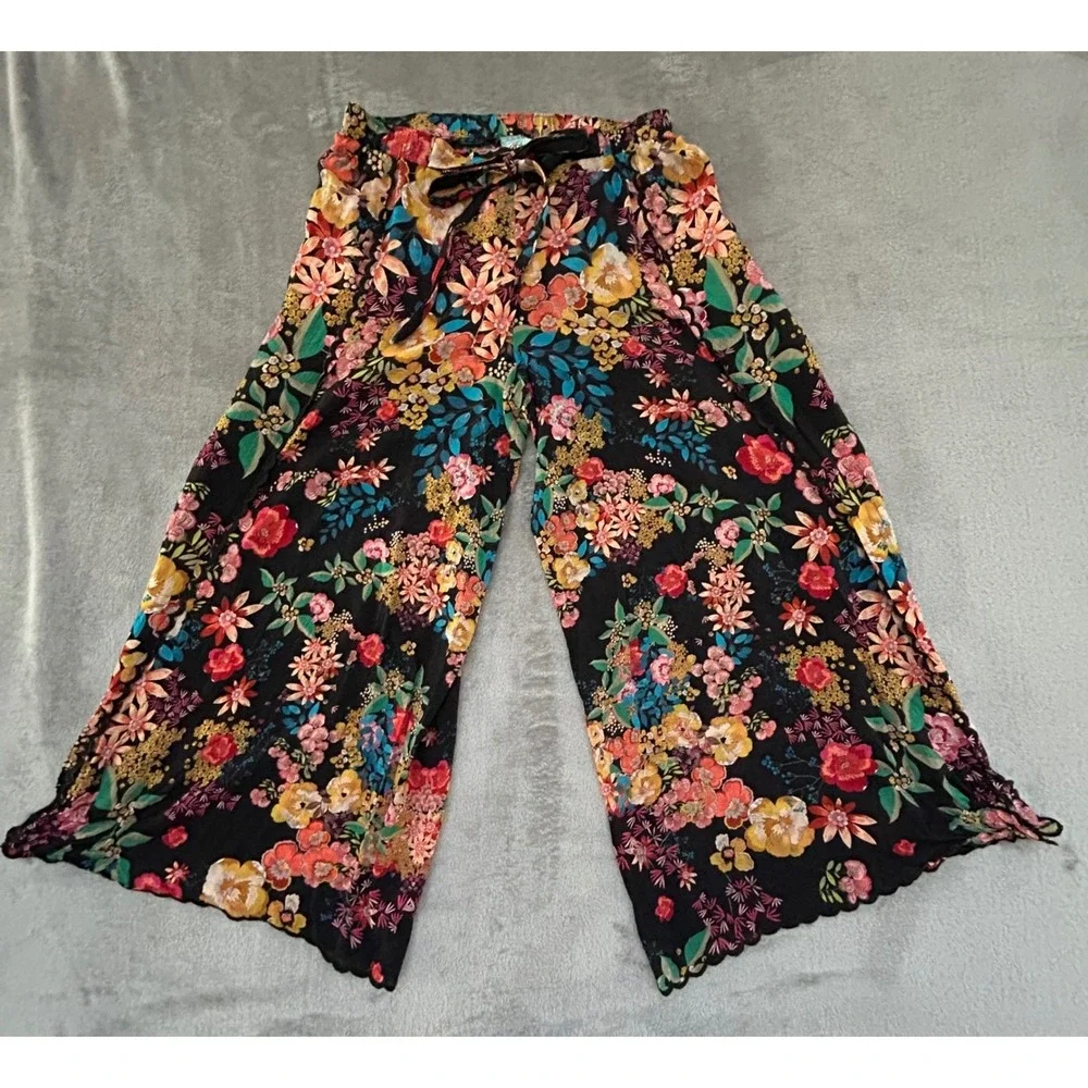 Johnny Was Womens L Floral Wide Leg Pants Open Side Scalloped Hem Boho - Picture 2 of 12